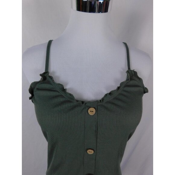 Green Ribbed Button Front Cami Tank Top Womens Medium Lettuce Hem - Picture 2 of 12
